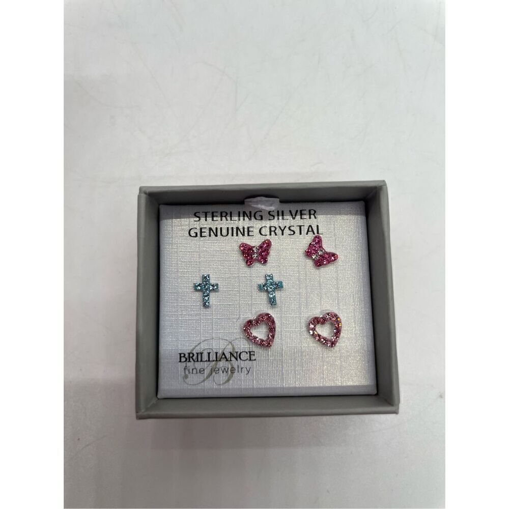 Brilliance Fine Girl's Sterling Silver Crystal Pierced Earring Set New Gift Idea